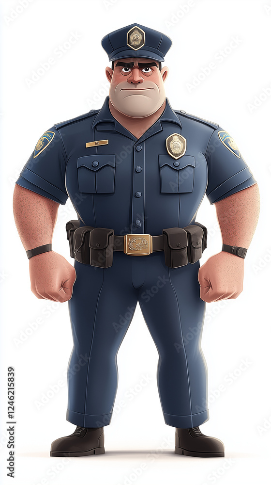 Fototapeta premium Cartoon police officer standing confidently against a white background
