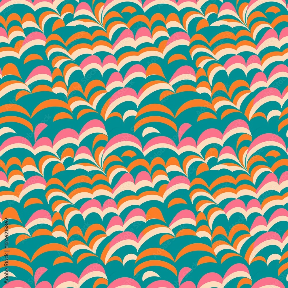 A seamless tile featuring a vibrant geometric pattern of curved lines in orange, pink, and white on a teal background, evoking 1960s-70s aesthetics with an optical effect. Four tiles