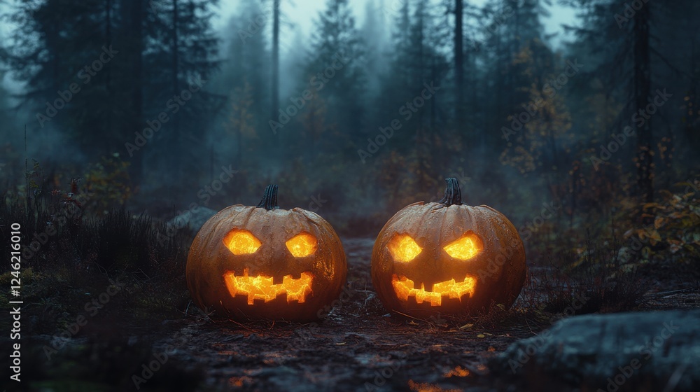 halloween pumpkins with scary faces in the forest halloween concept copy space halloween pumpkins with scary faces in the forest halloween concept copy space