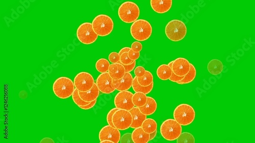 Orange slice explosion with animated effects on a green screen background, for product launches, marketing campaigns, creative advertisements, motion graphic projects, and industry promos
