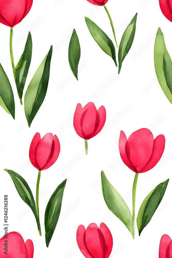 Obraz premium Watercolor seamless pattern of cute minimalistic tulips. Red and green colors isolated on white backdrop