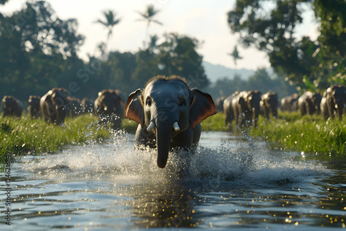 Wallpaper Mural A young elephant leads a herd through a tranquil river, splashing water.  Sunlight illuminates the scene. Torontodigital.ca