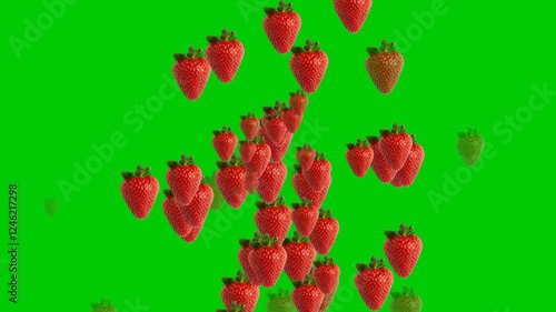 Animated strawberry explosion with a chroma key green screen for easy background replacement for healthy snack commercials, foodie content, educational animations, and creative video projects