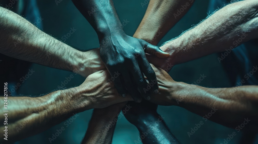 Diverse hands clasped together in unity. Diverse hands clasped together in unity.