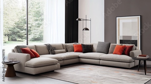 A trendy sectional couch styled with bold throw pillows in a modern room. digital