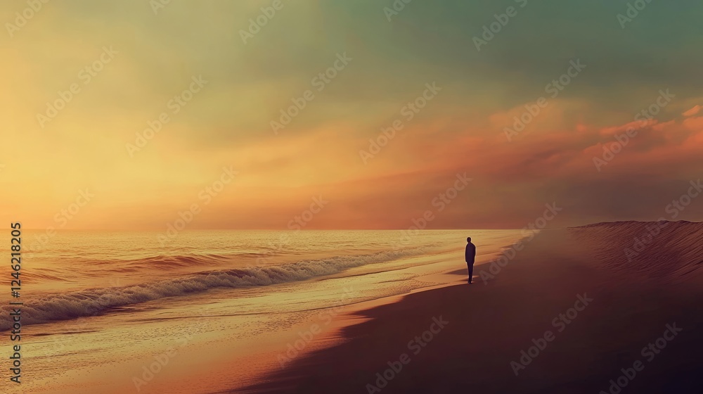 Obraz premium A serene beach scene at sunset, reflecting off the calm waves of the ocean. A lone figure stands silhouetted in the foreground, creating a peaceful and introspective mood.