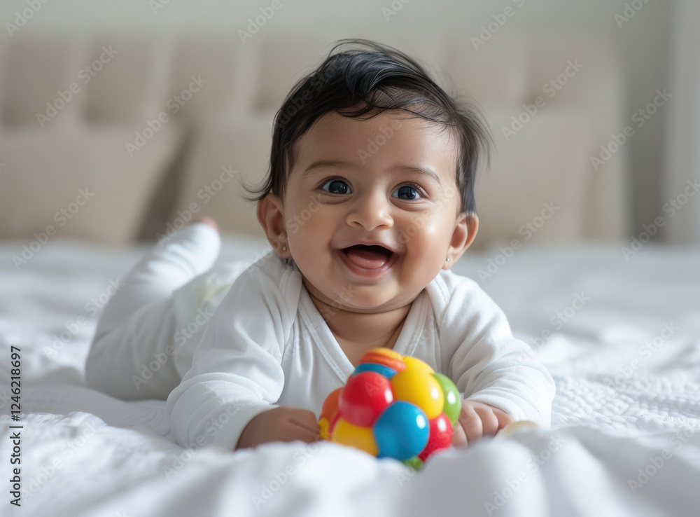 smiling indian baby in white playing with toy on bed in one hand at home smiling indian baby in white playing with toy on bed in one hand at home