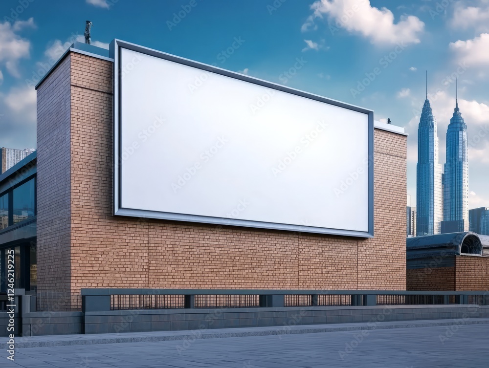 Empty Billboard Against a Clear Blue Sky with Urban Skyline and Modern Architecture in View Empty Billboard Against a Clear Blue Sky with Urban Skyline and Modern Architecture in View