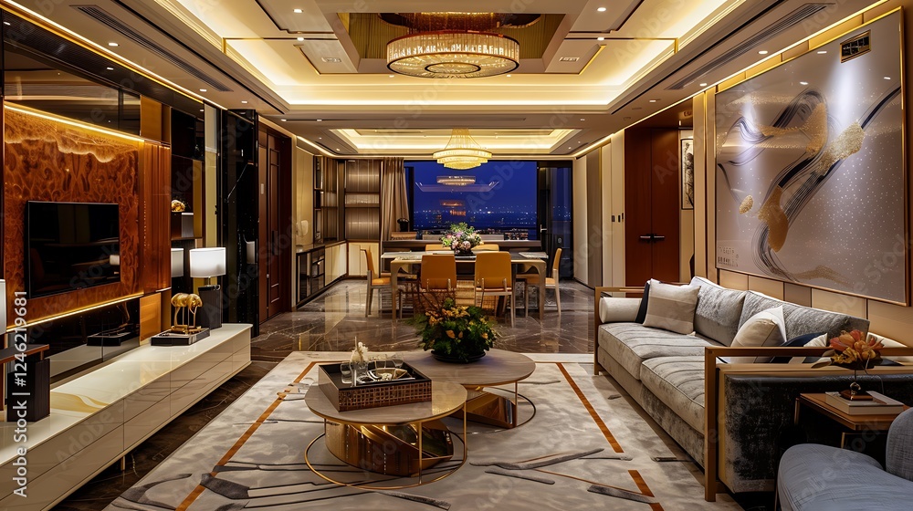 Cozy modern living room with a sleek sofa, elegant coffee table, and tasteful wall decorations Cozy modern living room with a sleek sofa, elegant coffee table, and tasteful wall decorations