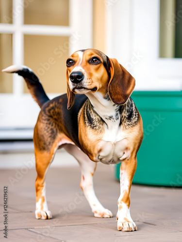 A Jackshund dog standing proudly, with its ears perked up and tail wagging, captured on a photo