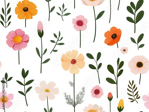 Vintage Floral Pattern on White Background Featuring Isolated Blossoms and Greenery in a Seamless Design for Artistic and Decorative Projects