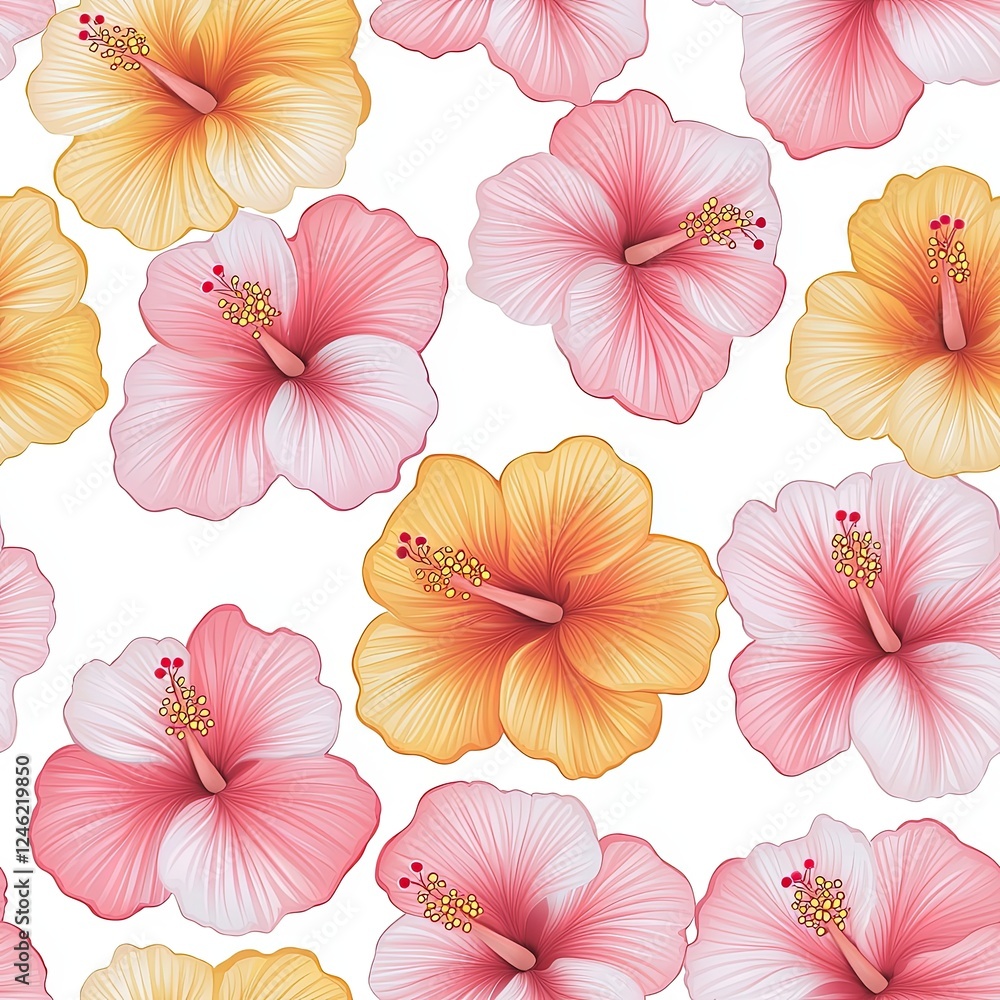 Obraz premium Isolated Seamless Pattern of Tropical Hibiscus Flowers in Shades of Pink and Yellow on a White Background for Use in Fabric, Wallpaper, or Decor