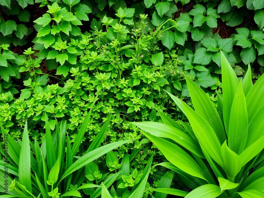 Obraz premium Fresh, vibrant green leaves of various plants in a garden during the summer, providing a natural and lush background for spring cover pages or ecological wallpapers, greenery, spring, garden