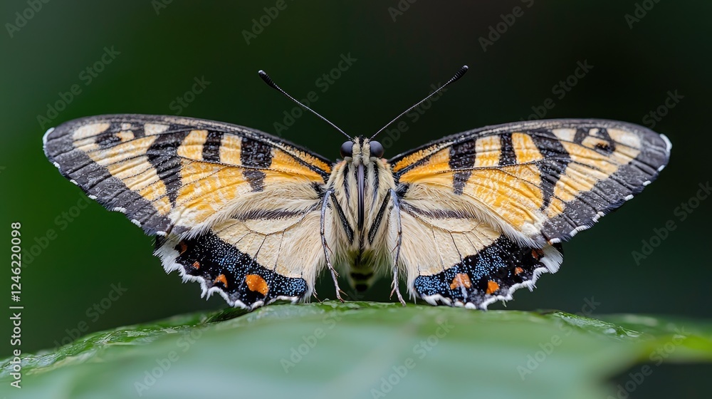 Obraz premium Butterfly wings spread, jungle leaf, green background, nature macro