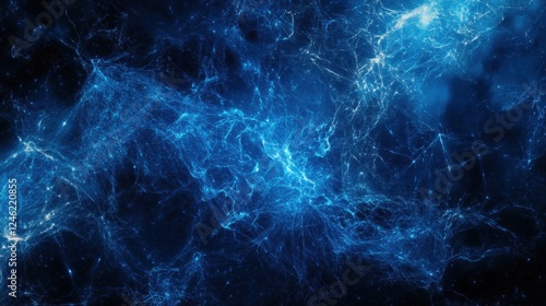Abstract blue tech background with digital waves, dynamic network system, artificial neural connections, cyber quantum computing and electronic global intelligence.