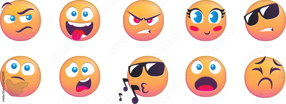 Set of diverse cartoon emoji expressions with various facial reactions. Set of diverse cartoon emoji expressions with various facial reactions.