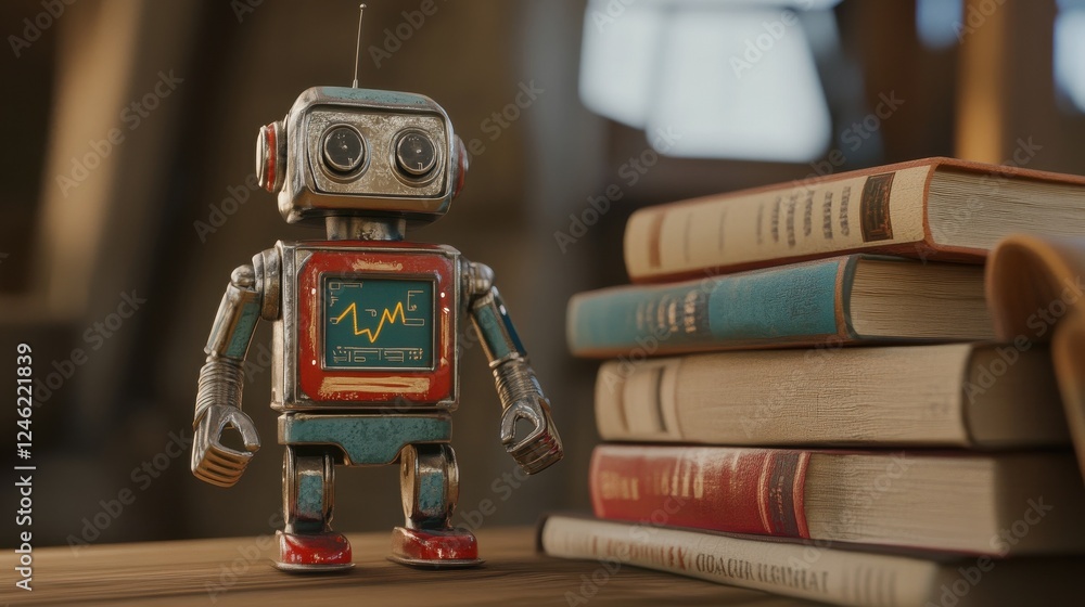 3D rendering of a tin toy robot exploring the concept of machine learning alongside a stack of books 3D rendering of a tin toy robot exploring the concept of machine learning alongside a stack of books