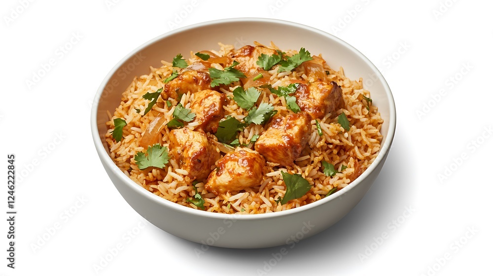 A bowl of fragrant biryani with saffron-infused basmati rice, tender pieces of chicken, caramelized onions, and fresh herbs on a white isolated background A bowl of fragrant biryani with saffron-infused basmati rice, tender pieces of chicken, caramelized onions, and fresh herbs on a white isolated background