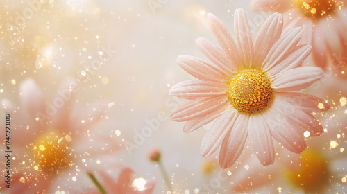 Bright and cheerful daisies with pink and yellow petals scattered across a pastel background, accented by sparkling golden stars and subtle glowing highlights. Women's day, Mother's day photo