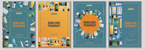 A set of flyers for online pharmacies and medicine. Medications, tablets, capsules, sprays, drops. Vector illustration in A4 format for posters, banners and advertisements.