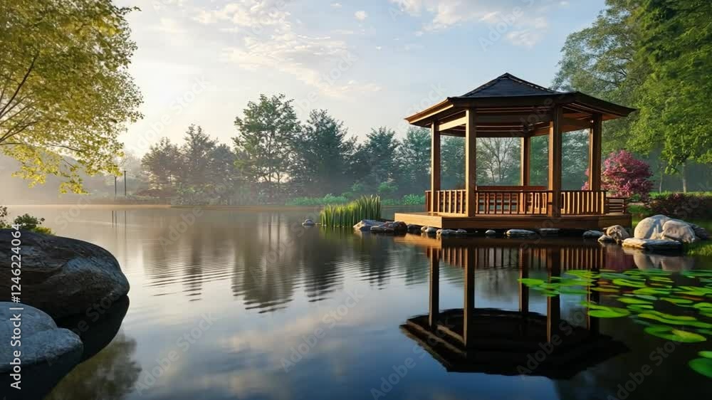 Serene Lakeside Gazebo: A tranquil scene of a wooden gazebo nestled on a calm lake at sunrise, surrounded by lush greenery and mist, creating a peaceful and meditative atmosphere. Serene Lakeside Gazebo: A tranquil scene of a wooden gazebo nestled on a calm lake at sunrise, surrounded by lush greenery and mist, creating a peaceful and meditative atmosphere.