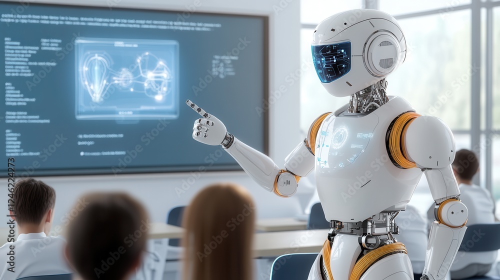 Naklejka premium A humanoid robot standing at the front of a classroom, pointing at a holographic display while students watch attentively, surrounded by futuristic educational