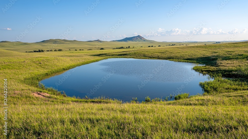 Calm pond in grassy plains, hill in background, scenic landscape, nature photography Calm pond in grassy plains, hill in background, scenic landscape, nature photography