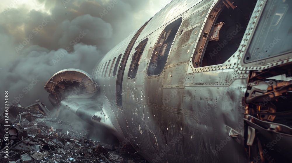Shattered airplane with broken glass windows in damaged fuselage, plane crash concept Shattered airplane with broken glass windows in damaged fuselage, plane crash concept