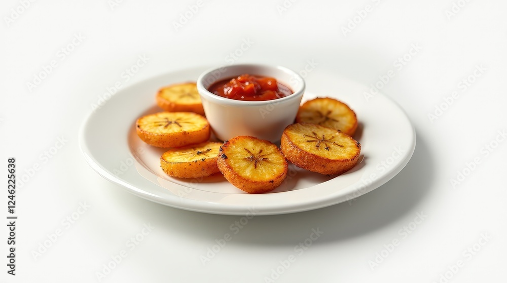 Perfectly fried plantain slices served with sauce on a minimalistic plate Perfectly fried plantain slices served with sauce on a minimalistic plate