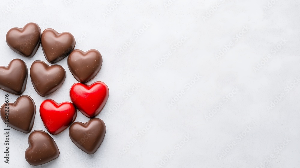 Fototapeta premium Milk Chocolate and Red Heart Candies on White Background