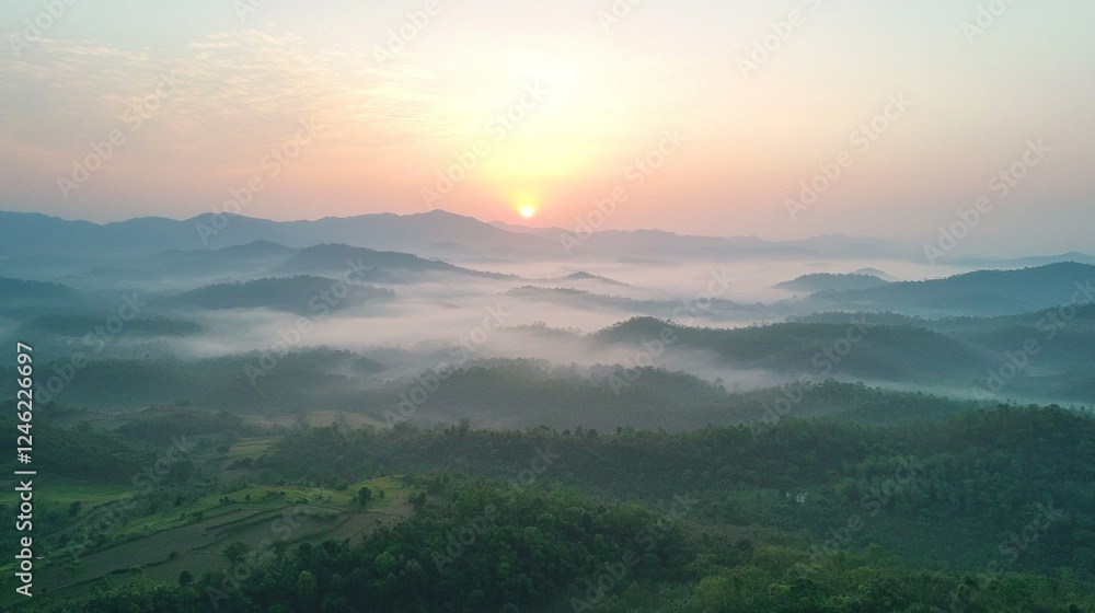 Obraz premium As the sun rises over the horizon, soft dawn light casts a warm glow on tranquil mountain valleys blanketed in mist. The serene landscape epitomizes peace and natural beauty