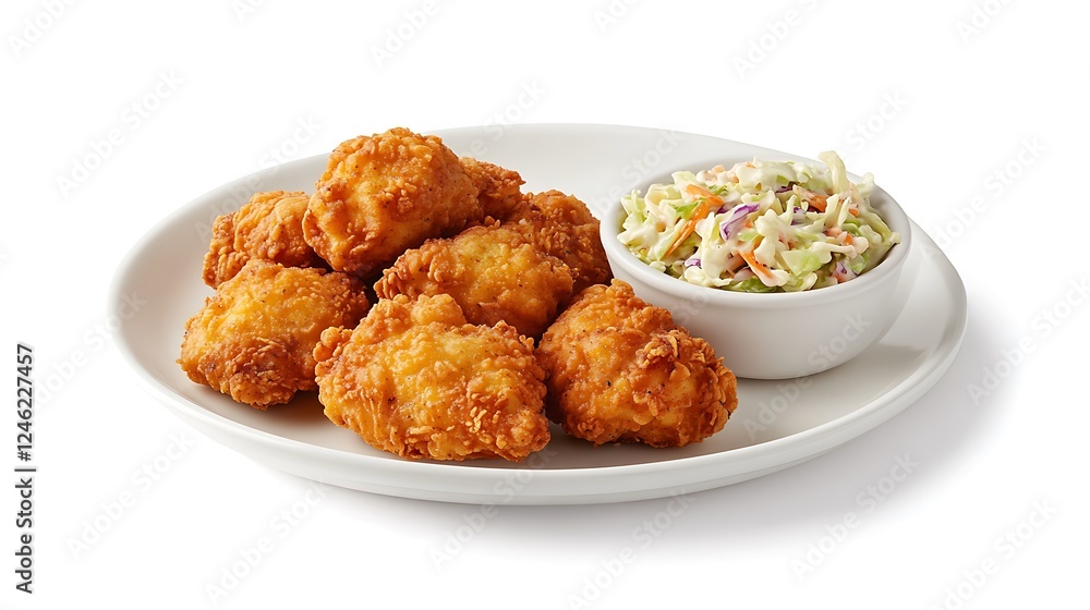 A plate of golden fried chicken with a crunchy, seasoned coating, served with a side of coleslaw on a white isolated background A plate of golden fried chicken with a crunchy, seasoned coating, served with a side of coleslaw on a white isolated background