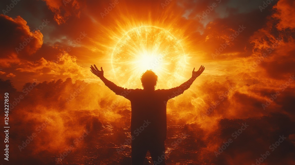 in worship silhouette of a man with raised hands in front of the sun in worship silhouette of a man with raised hands in front of the sun