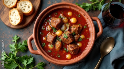 Slow-cooked Cypriot stifado with pearl onions served in a traditional pot photo