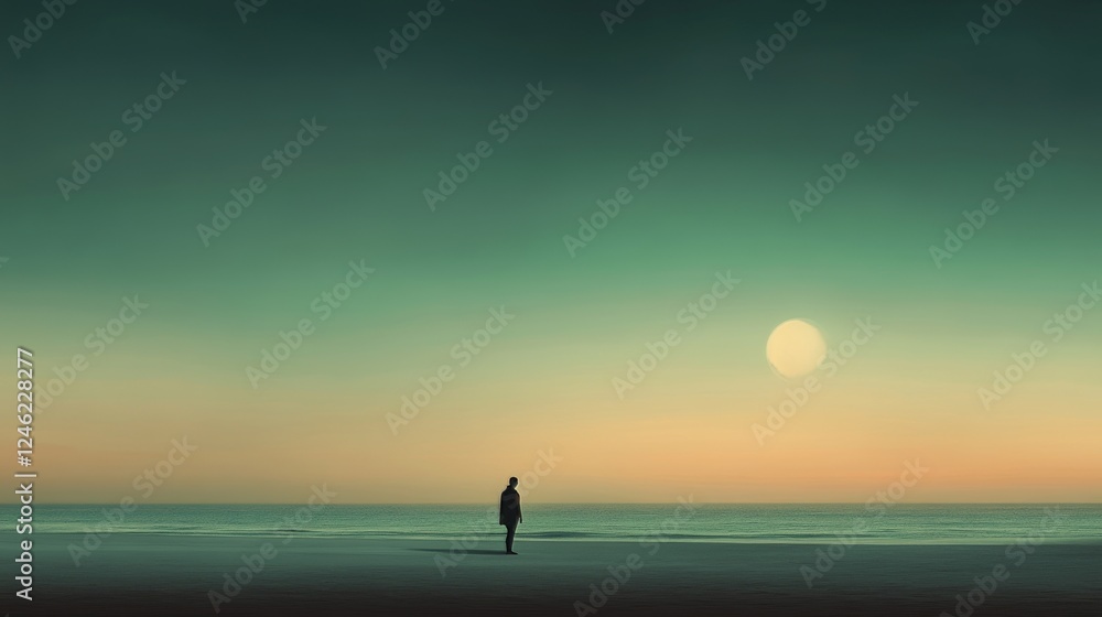 Fototapeta premium A serene beach scene at sunset, reflecting off the calm waves of the ocean. A lone figure stands silhouetted in the foreground, creating a peaceful and introspective mood.
