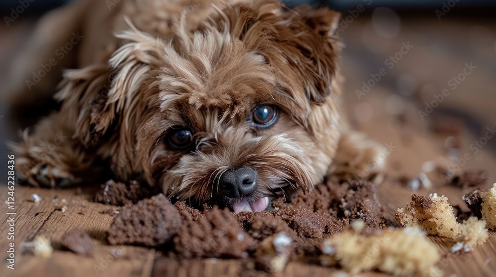 Playful dog with brown fur joyfully digging through a pile of crumbs on a wooden floor Playful dog with brown fur joyfully digging through a pile of crumbs on a wooden floor