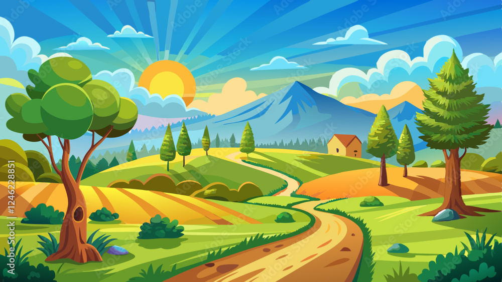 Rural landscape with a path, trees and meadows on hills, blue sky and pleasant warm sunshine from the low sun Rural landscape with a path, trees and meadows on hills, blue sky and pleasant warm sunshine from the low sun