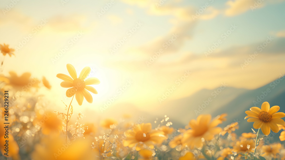 Obraz premium Serene sunrise illuminating a field of vibrant yellow wildflowers, bathed in warm golden light. Peaceful, idyllic nature scene.