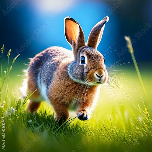 Rabbit running on green grass and blue sky