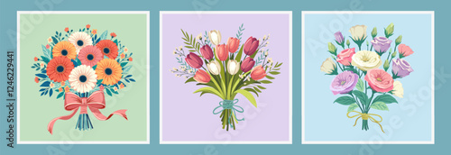 flower bouquets in wrapping and blooming plant. Compositions for a florist shop. Eustoma, gerberas, tulips. Happy holidays. Vector illustration isolated on color background.