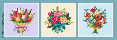 flower bouquets in wrapping and blooming plant. Compositions for a florist shop. Roses, poppies, tulips. Happy holidays. Vector illustration isolated on color background.