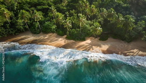  Stunning aerial view of waves crashing on a tranquil beach surrounded by lush green vegetation and trees during a sunny day photo