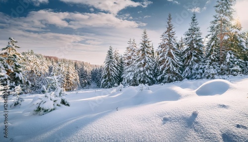 Winter solstice concept. Beautiful snowy picturesque forest landscape with snow and drifts photo