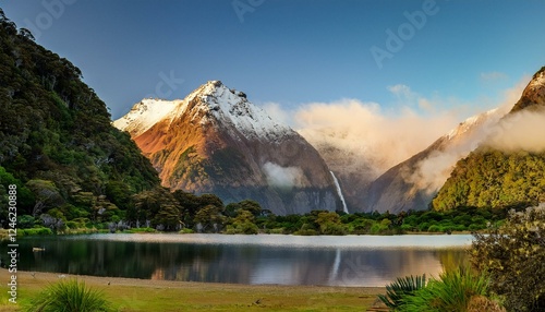 Natural snow mountain with lake and clear blue sky.