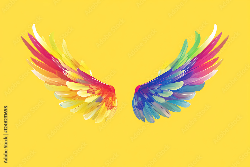 Colorful wings design on a bright yellow background, symbolizing freedom and creativity. Colorful wings design on a bright yellow background, symbolizing freedom and creativity.