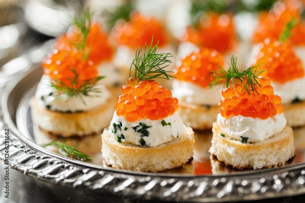 Delicious caviar canapes with cream cheese served on a silver platter at a gourmet event in an elegant setting capturing the essence of culinary artistry