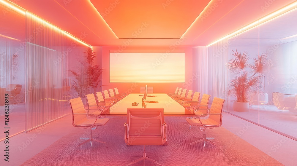 Fototapeta premium Modern office conference room with sunset view.