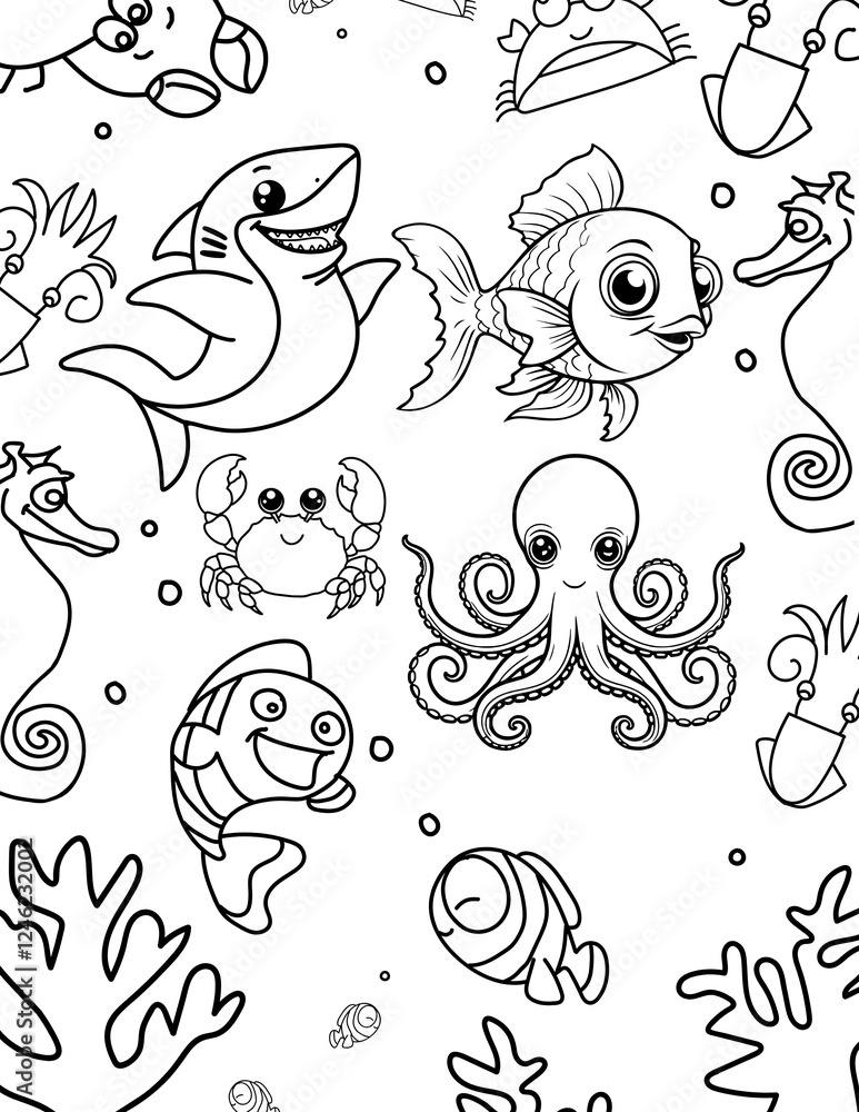 Kids Coloring Page with the Sea Creatures. Kids Coloring Page with the Sea Creatures.