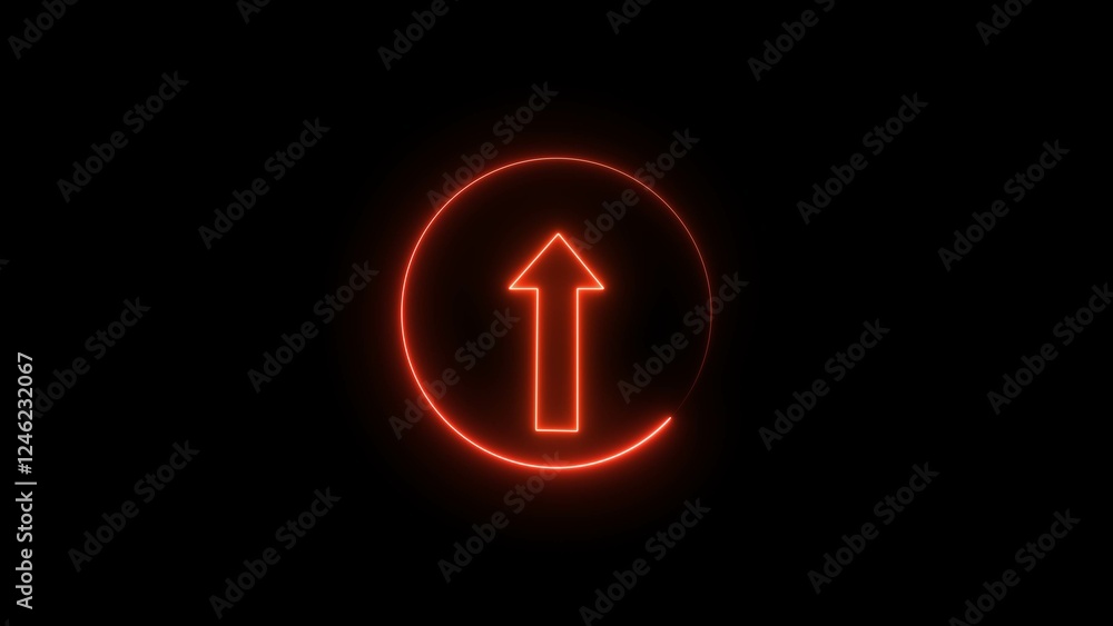 Abstract glowing neon arrow icon and uploading direction concept illustration, on black background. Abstract glowing neon arrow icon and uploading direction concept illustration, on black background.
