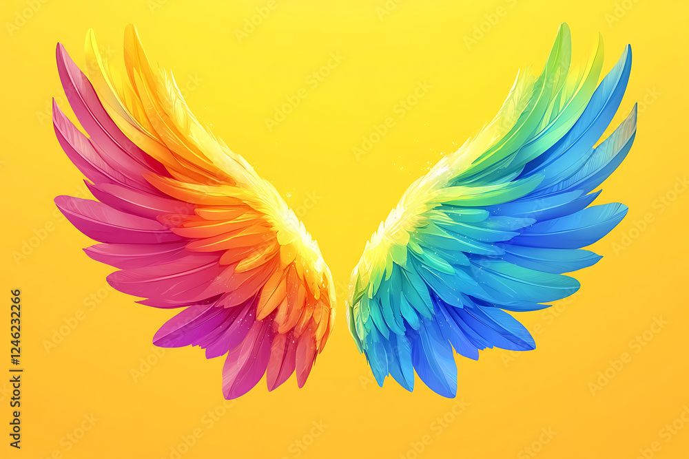 Fototapeta premium Colorful wings in vibrant hues against a bright yellow background.